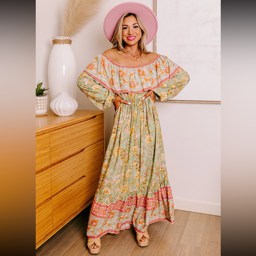In Bloom Off-Shoulder Long Sleeve Floral Maxi Dress in Sage and Coral